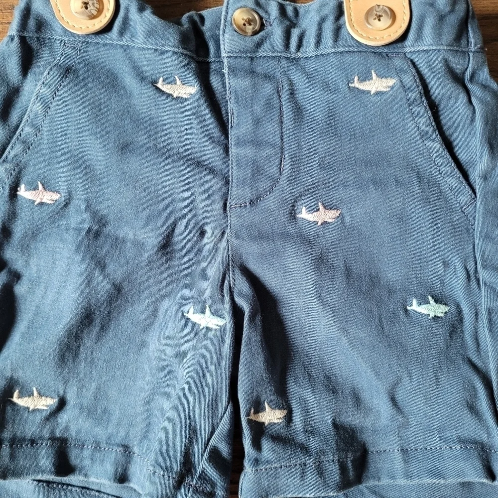 Gymboree Blue Shorts with Embroidered Sharks and Suspenders Size Boy 12-18 Month